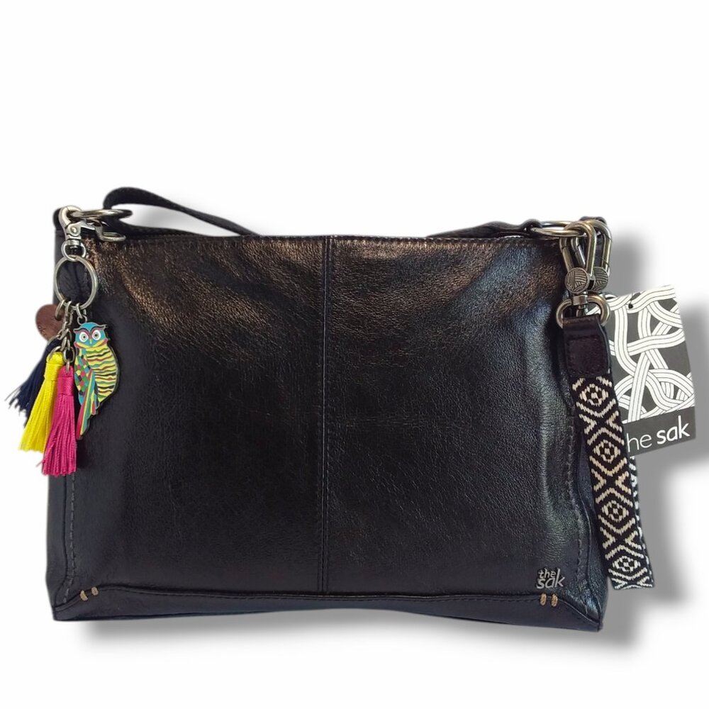 The Sak Camila Crossbody Bag Pebbled Leather Black 2 Straps Owl Tassel Charm NWT